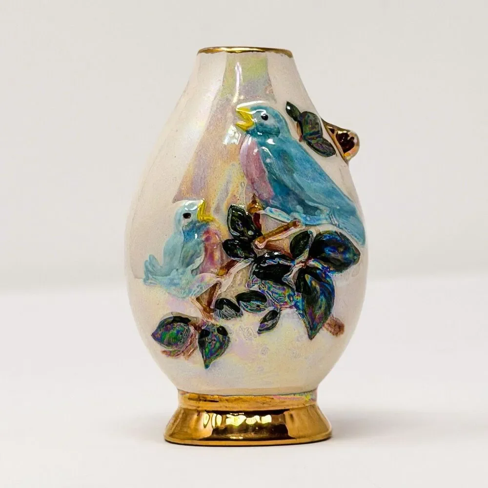 Signed 1972 Studio Pottery 4.5” Lusterware Vase Birds Relief Gold Trim